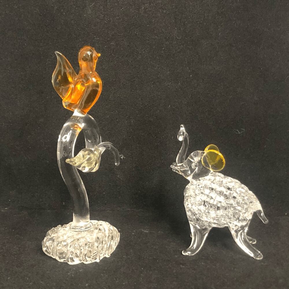 spun glass lamp work bird and elephant yellow amber clear broken tail on‎ bird